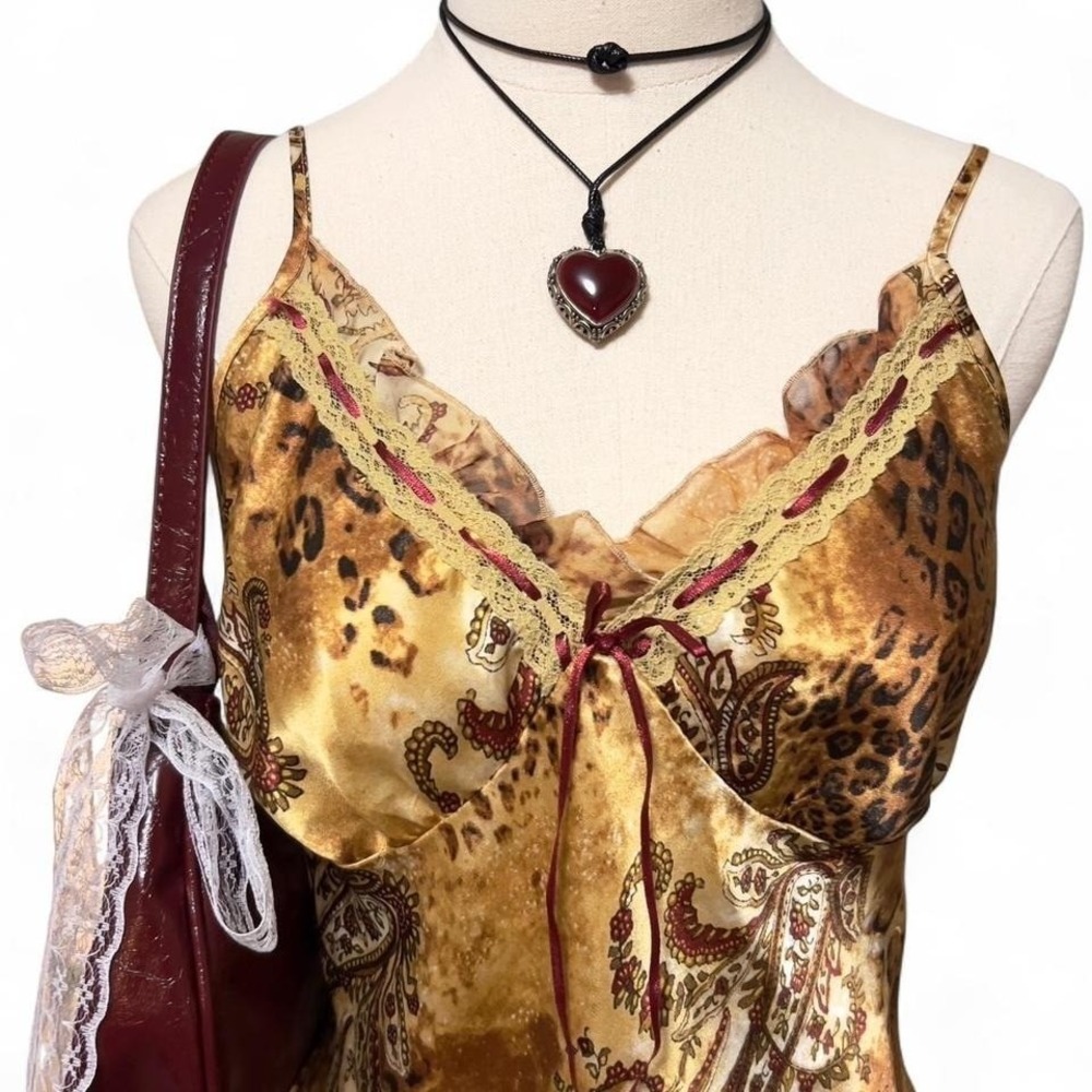Vintage Y2K Brown Animal Leopard / Paisley Satin Cami Tank Top Sz Small Boho - Picture 3 of 8